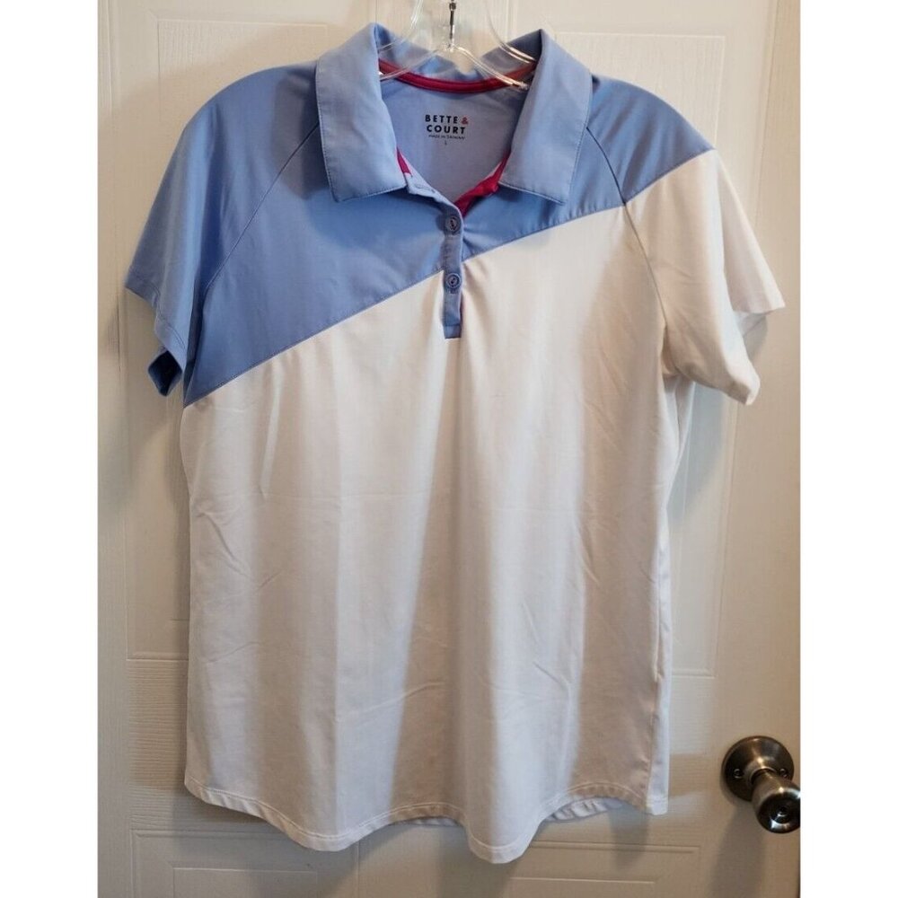 Bette & Court Women's Short Sleeve Polo Shirt Blue White Colorblock Polyester L